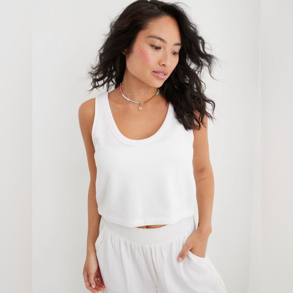 Aerie Women’s 100% Cotton White Weekend Fleece Cropped Tank Top Crochet Side